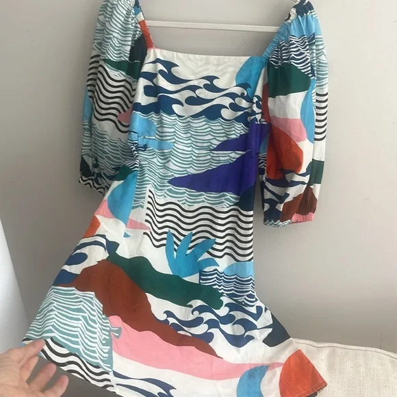 Oliphant Dress Puffed Sleeve Cutout Bow Cotton Abstract Mini Size Small - Picture 7 of 12